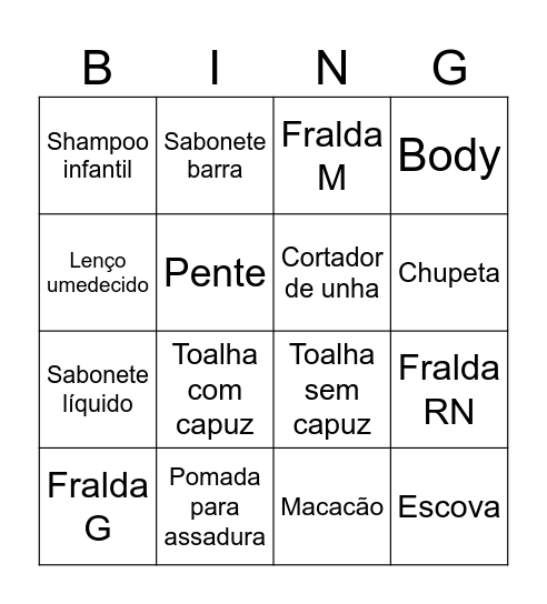 Baby Samuel Bingo Card