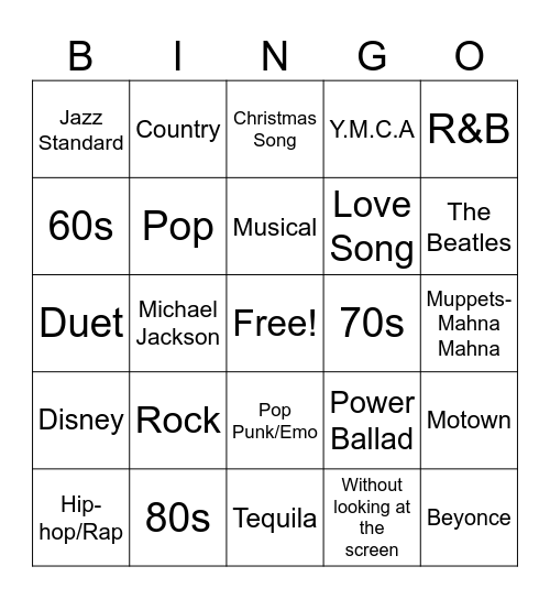 Karaoke Bingo Card