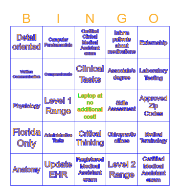 Clinical Medical Assistant Bingo Card