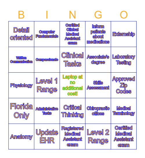 Clinical Medical Assistant Bingo Card