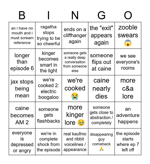 TADC Episode 8 Bingo 😭 oh god Bingo Card