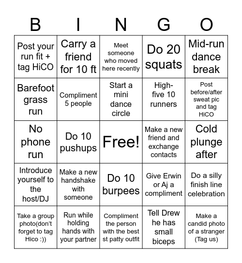 HiCO Run Club Bingo Card
