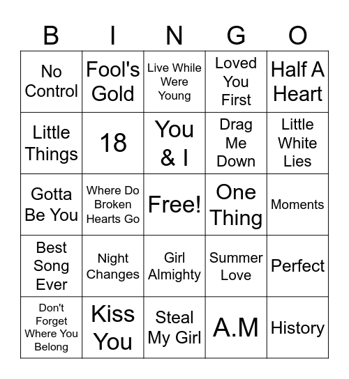 One Direction Bingo Card