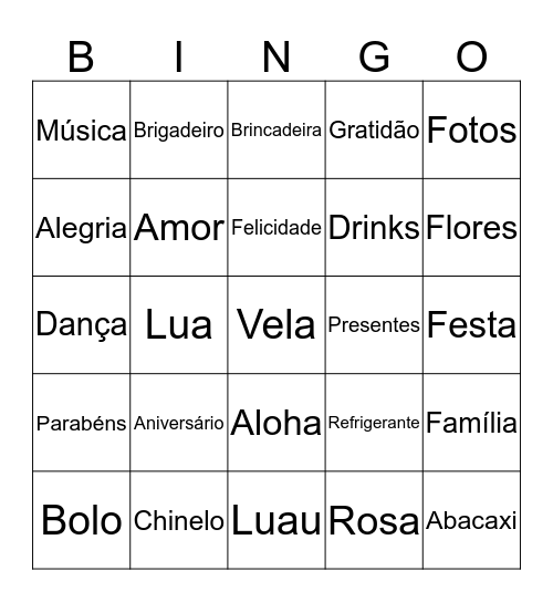 Luau Party Bingo Card
