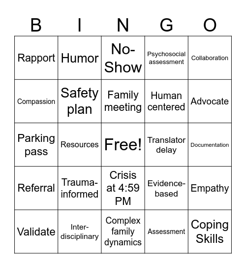 Social Work Bingo Card
