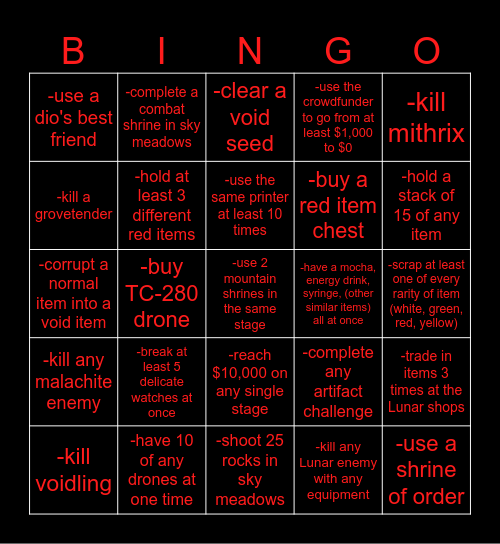 Risk of Rain 2 Bingo Card