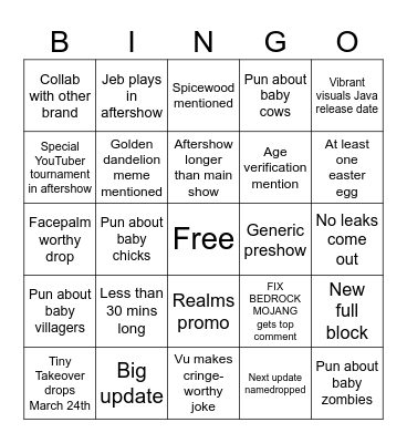 Minecraft LIVE Mar 2026 Bingo Card