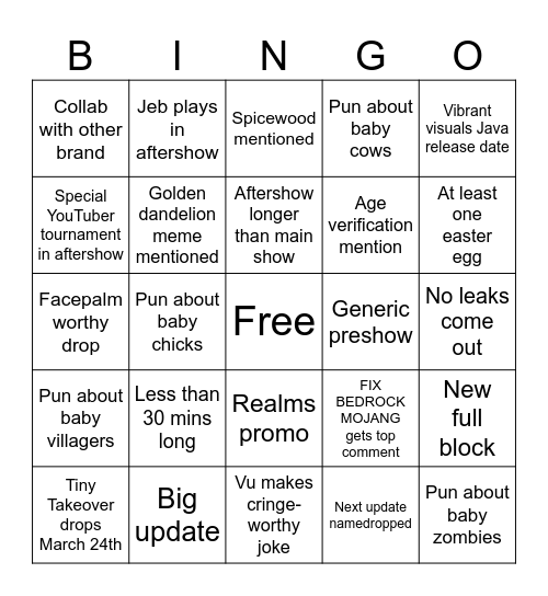 Minecraft LIVE Mar 2026 Bingo Card