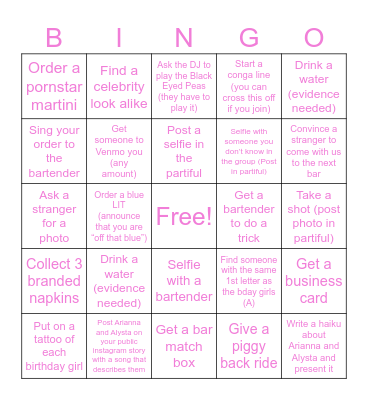 Arianna & Alysta’s 25th Birthday Bingo Card