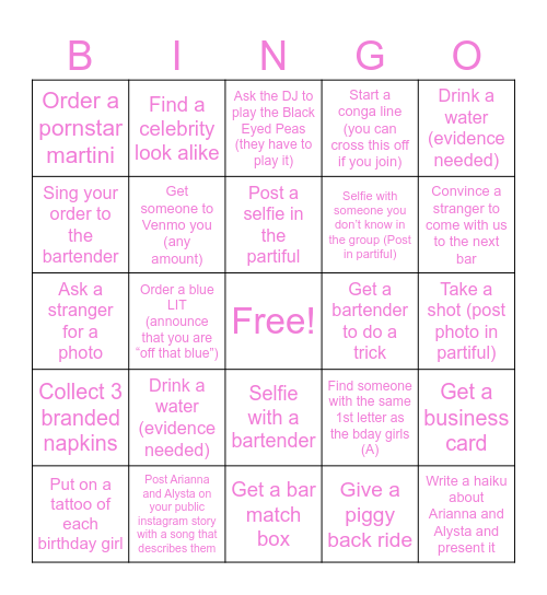 Arianna & Alysta’s 25th Birthday Bingo Card