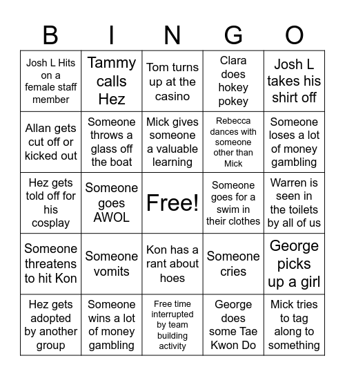 Ainslie Weekend Bingo Card