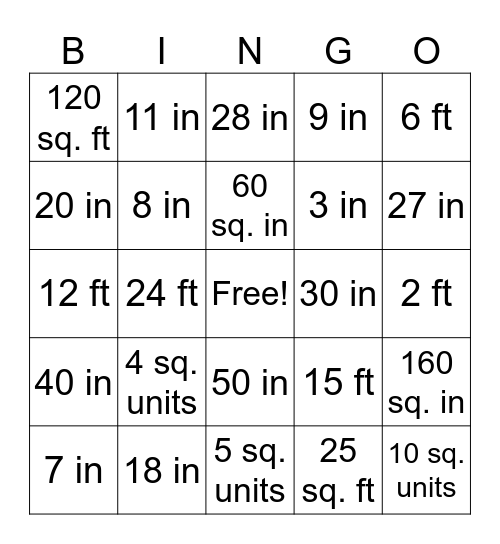 Area & Perimeter Bingo Card