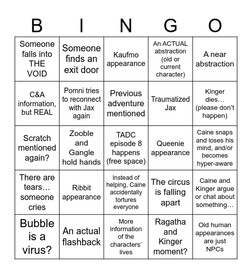 The Amazing Digital Circus Ep. 8 Predictions (made by ShamTheMAN) Bingo Card