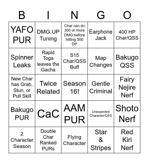 MHUR Season 16 Bingo Card
