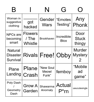 Roblox Moments Bingo Card
