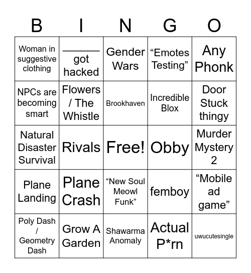 Roblox Moments Bingo Card