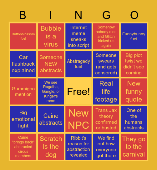 TADC Episode 8 Predictions Bingo Card