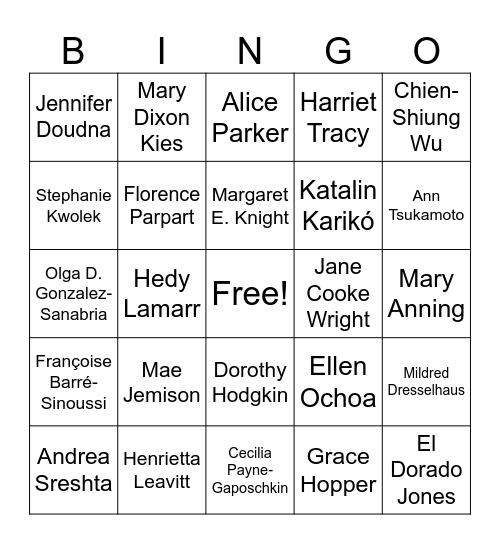 Round 1 - Famouse Women Inventors and Scientists Bingo Card