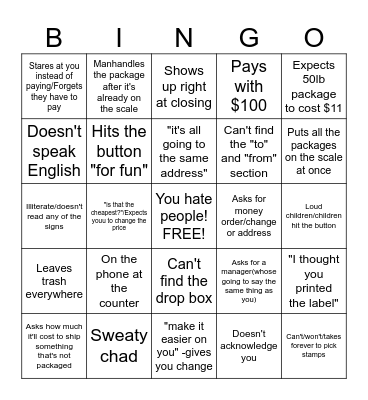 Post Office Bingo Card