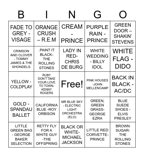 SONGS WITH COLOURS OR SHADES IN THE TITLE. Bingo Card