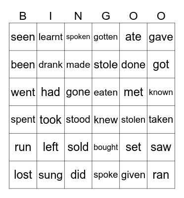 Irregular verbs - Past simple and Past participle Bingo Card