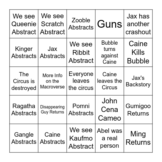 TADC Episode 8 Predictions Bingo Card