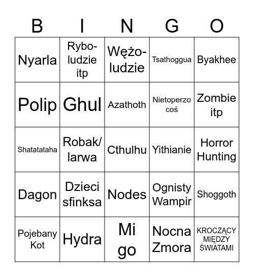 Potwory Cthulhu Bingo Card