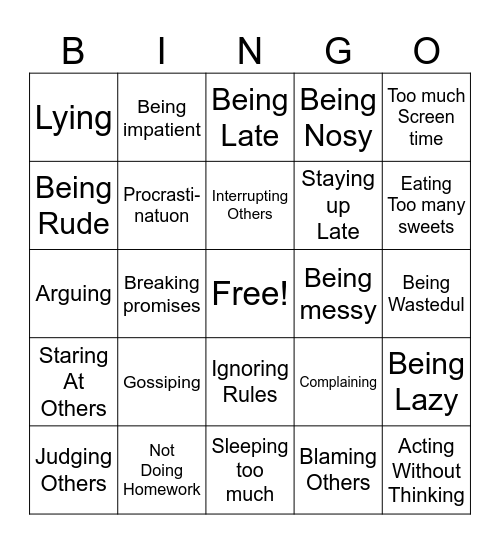 Trash the Bad Habits Bingo Card