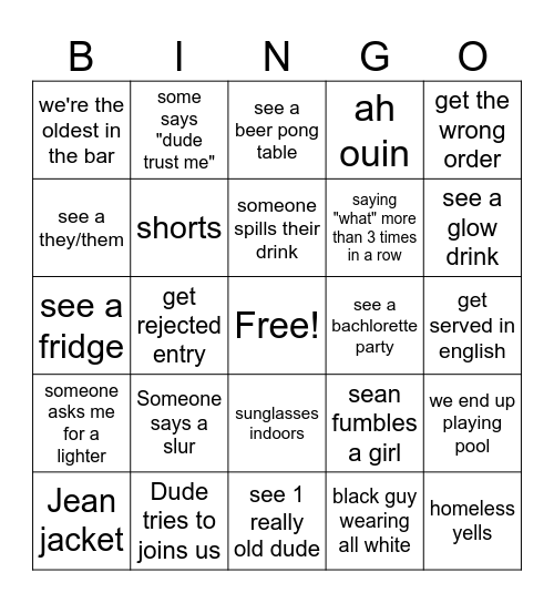 Pub Crawl Bingo Card
