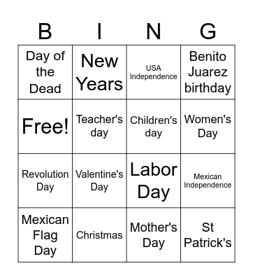 Dates Bingo Card
