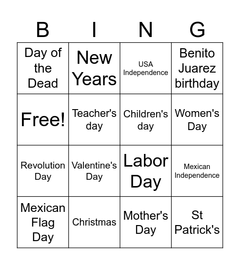 Dates Bingo Card