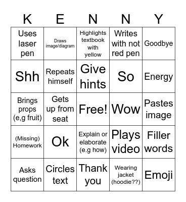 Kenny Ng Bingo Card