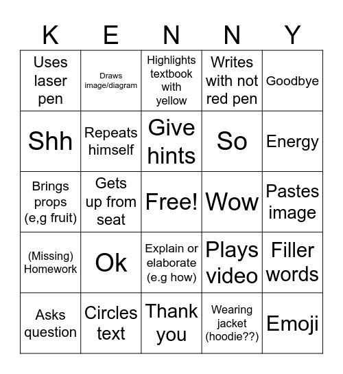 Kenny Ng Bingo Card