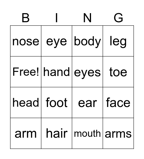 Body Parts Bingo Card