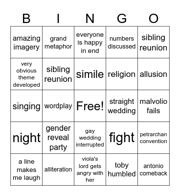 Twelfth Night Bingo Card