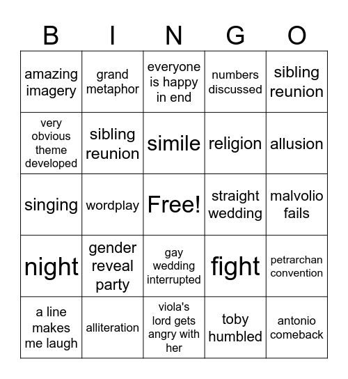 Twelfth Night Bingo Card