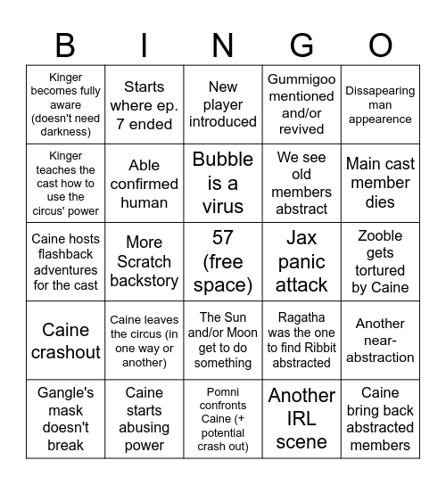 Digital Circus Episode 8 Bingo Card