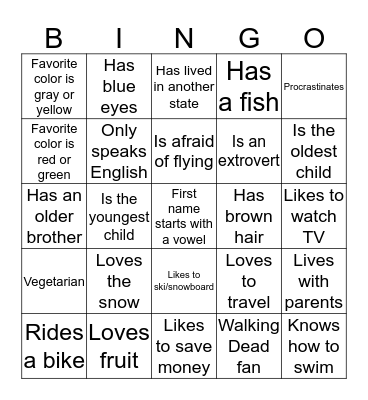 Getting To Know You Bingo Card