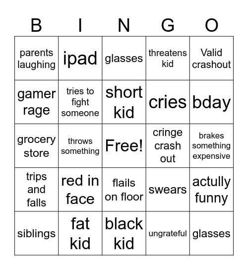 Spoiled kid crashoutsb Bingo Card