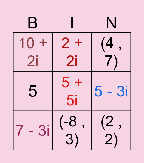 Complex Number Bingo Card