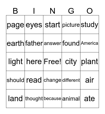 Sight word Bingo Card