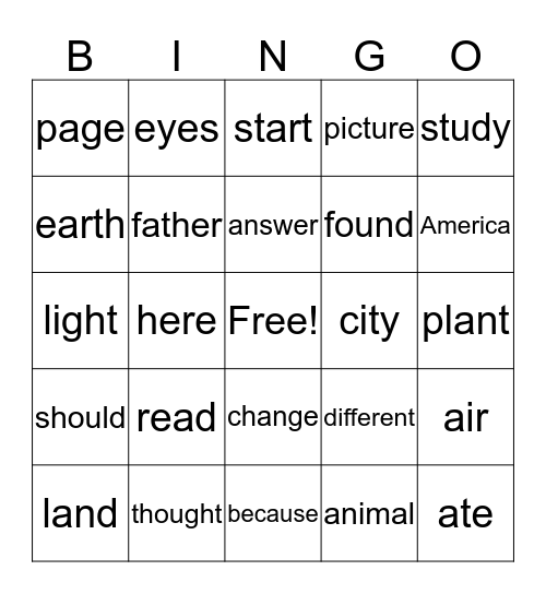 Sight word Bingo Card