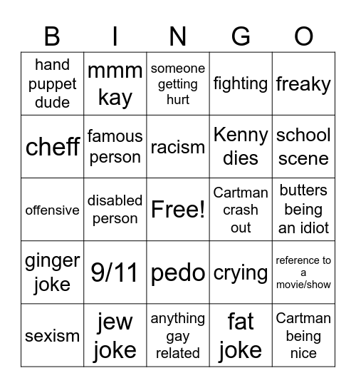 south park Bingo Card