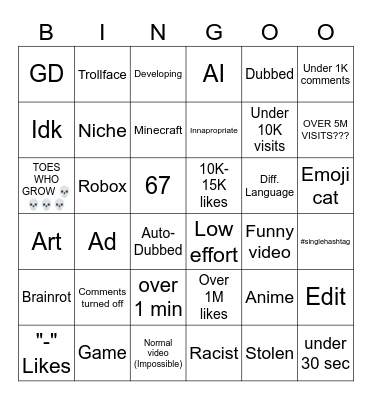 Youtube Shorts bingo Card