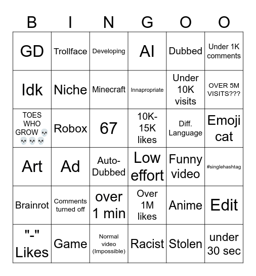 Youtube Shorts bingo Card