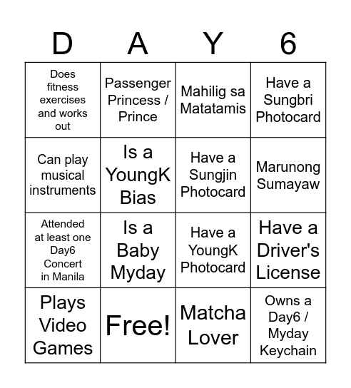 Myday Bingo Card