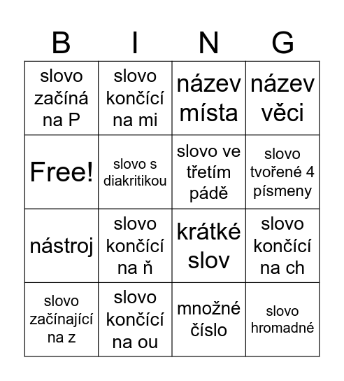 třídění dat - slova Bingo Card