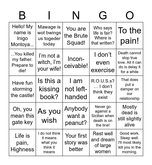 Princess Bride Bingo Card