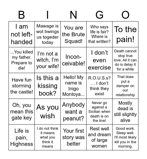 Princess Bride Bingo Card