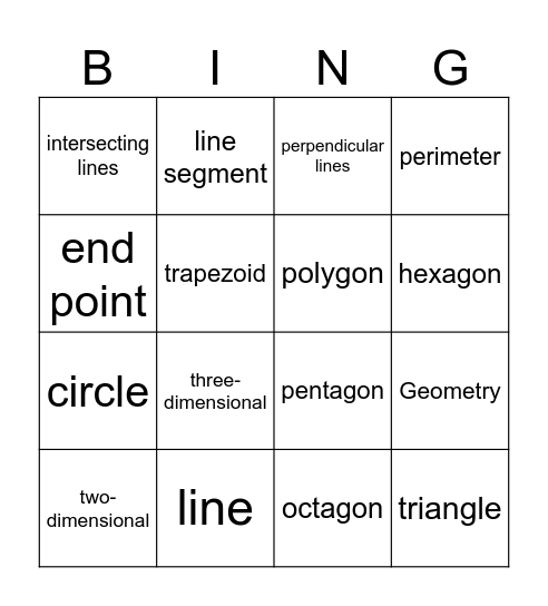 Geometry Vocabulary Bingo Card
